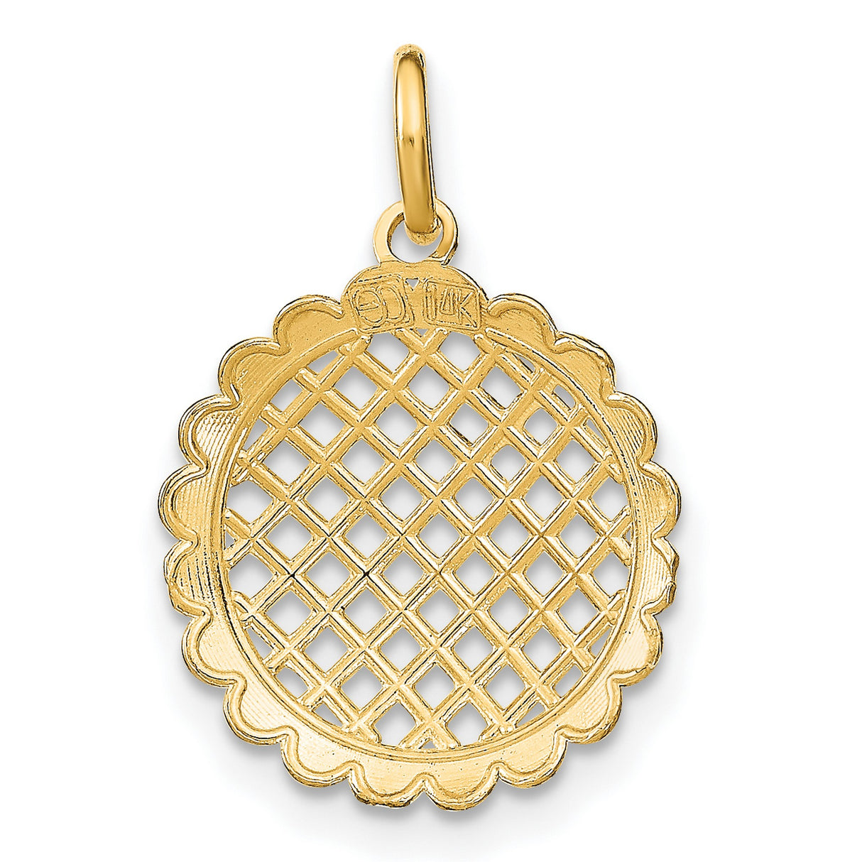 14k Yellow Gold and Rhodium Pendant with Lattice Grid Design and Scalloped Edge