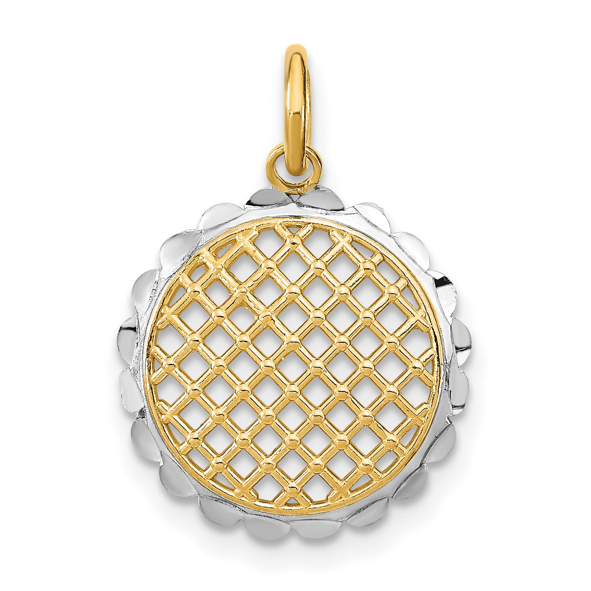 14k Yellow Gold and Rhodium Pendant with Lattice Grid Design and Scalloped Edge