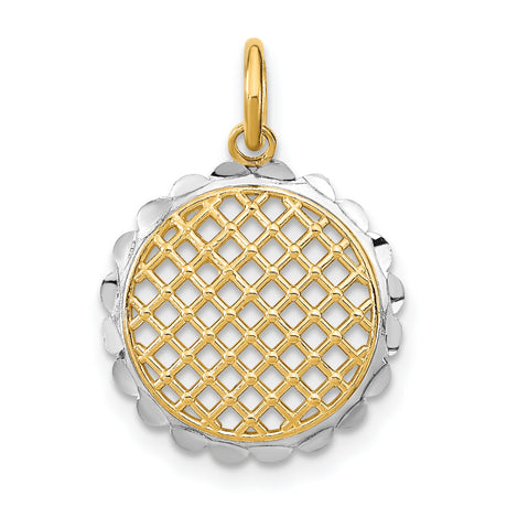 14k Yellow Gold and Rhodium Pendant with Lattice Grid Design and Scalloped Edge