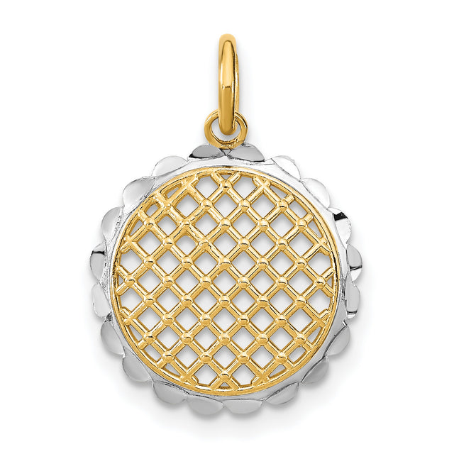 14k Yellow Gold and Rhodium Pendant with Lattice Grid Design and Scalloped Edge