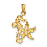 14k Multi-Tone Gold Seahorse Pendant with Starfish Charm, Nautical Ocean Theme