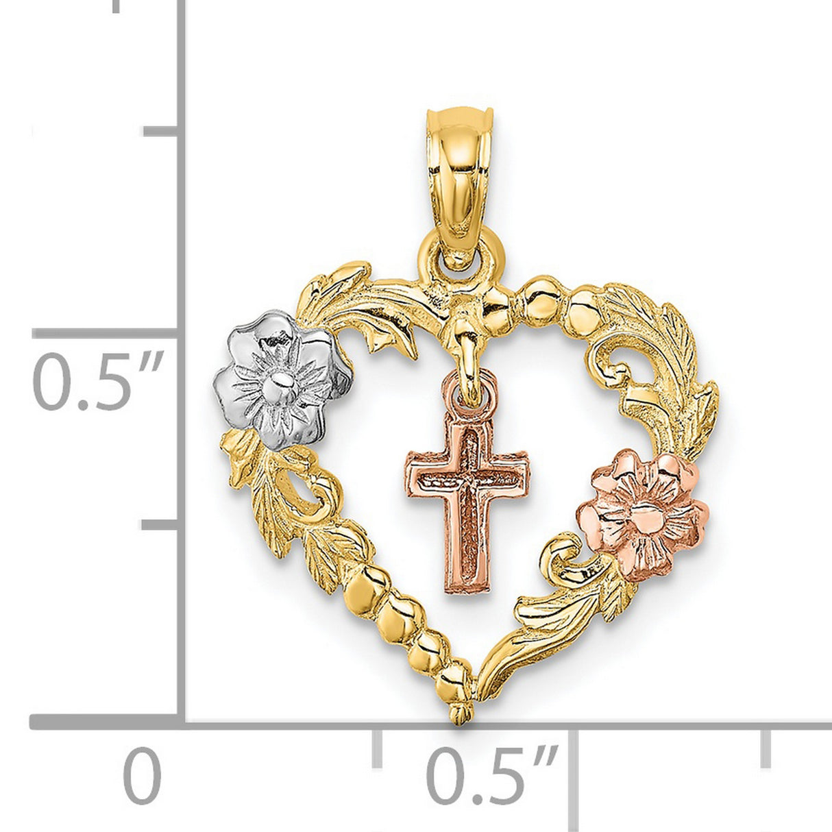 Heart with Cross and Flowers Charm Pendant in Real 14k Multi-Tone Gold