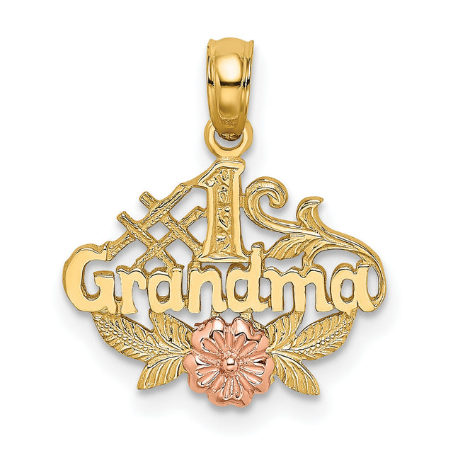 #1 Grandma Words With Rose And Leaves Charm Pendant in Real 14k Multi-Tone Gold