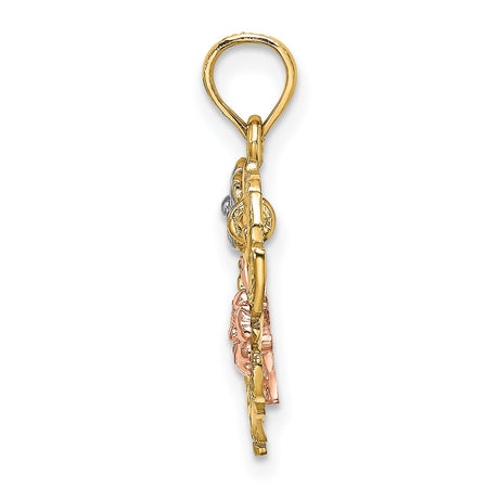 14k Two-Tone Gold Heart Pendant with Woman Cradling Baby, Tri-Color Floral Design