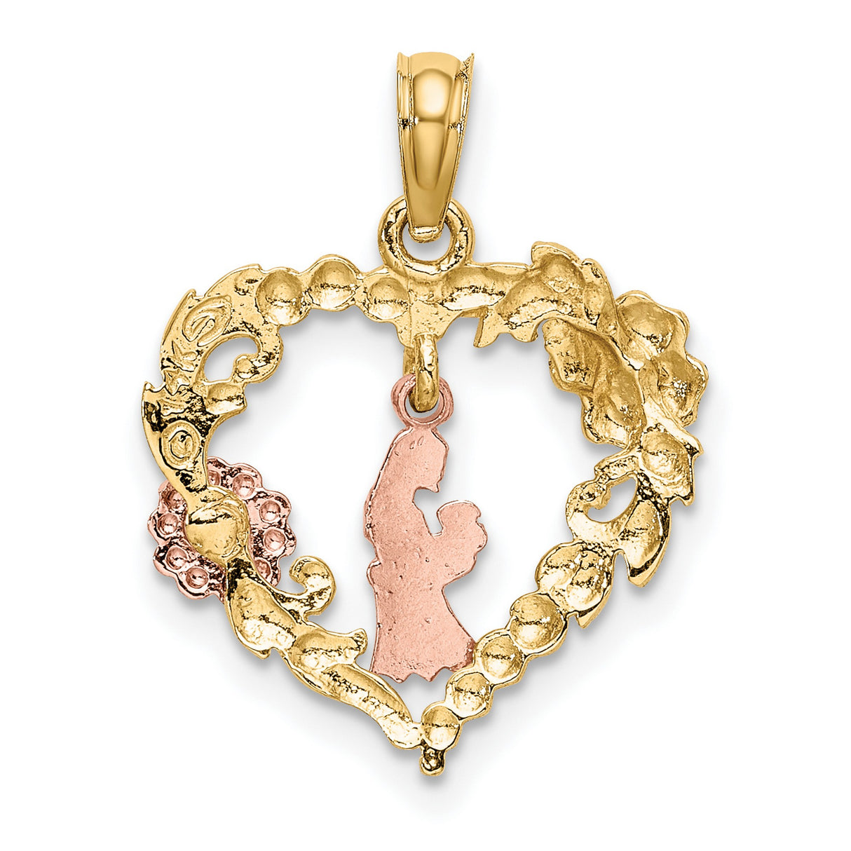 14k Two-Tone Gold Heart Pendant with Woman Cradling Baby, Tri-Color Floral Design