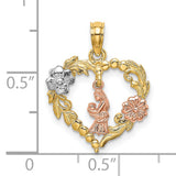 14k Two-Tone Gold Heart Pendant with Woman Cradling Baby, Tri-Color Floral Design