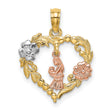 14k Two-Tone Gold Heart Pendant with Woman Cradling Baby, Tri-Color Floral Design