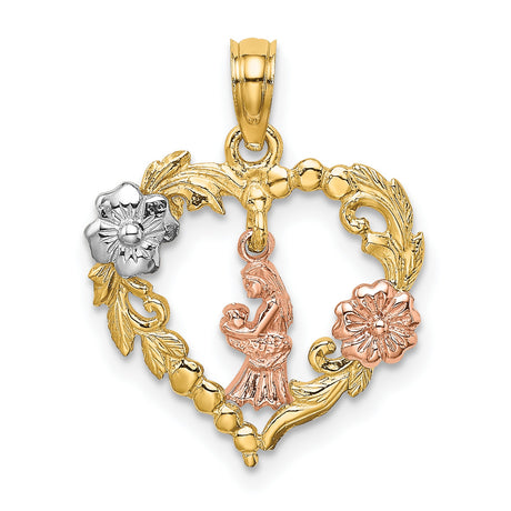 14k Two-Tone Gold Heart Pendant with Woman Cradling Baby, Tri-Color Floral Design
