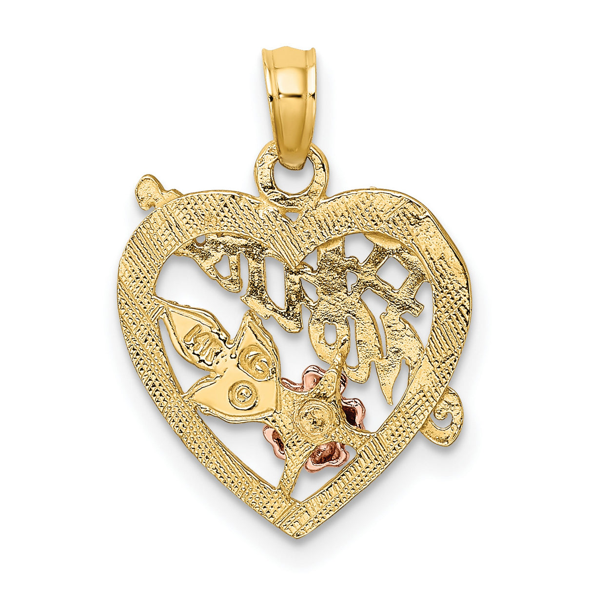 #1 MOTHER Heart with Flower Charm Pendant in Real 14k Multi-Tone Gold