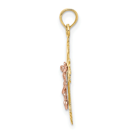 14k Multi-Tone Gold Crucifix Cross Pendant with Jesus Figure, Christian Religious Charm