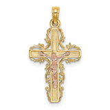 Lace Trim Crucifix Charm Pendant in Real 14k Multi-Tone Gold