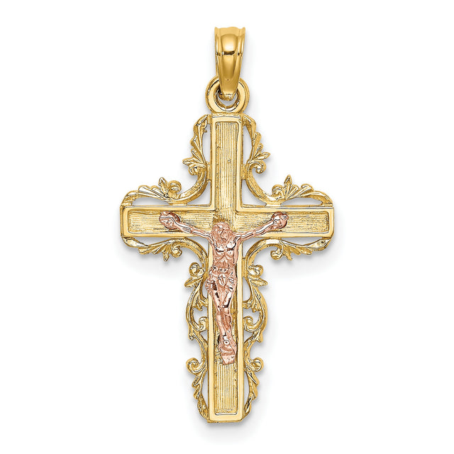 Lace Trim Crucifix Charm Pendant in Real 14k Multi-Tone Gold