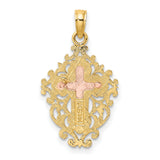 Lace Trim Crucifix Charm Pendant in Real 14k Multi-Tone Gold