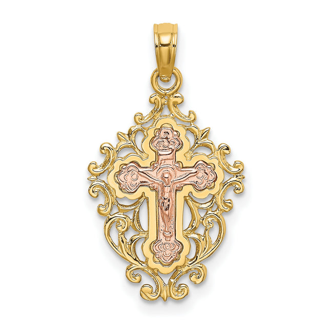 Lace Trim Crucifix Charm Pendant in Real 14k Multi-Tone Gold