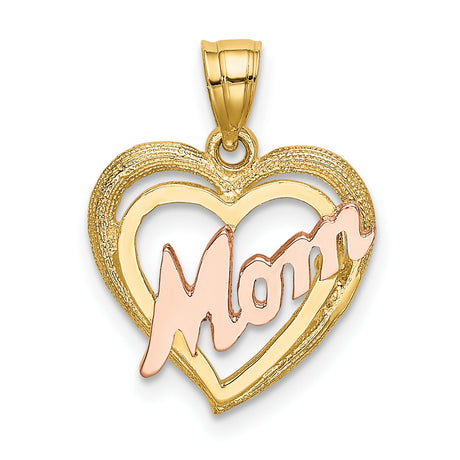 14k Two-Tone Gold Heart Pendant with Rose Gold Script Mom Design