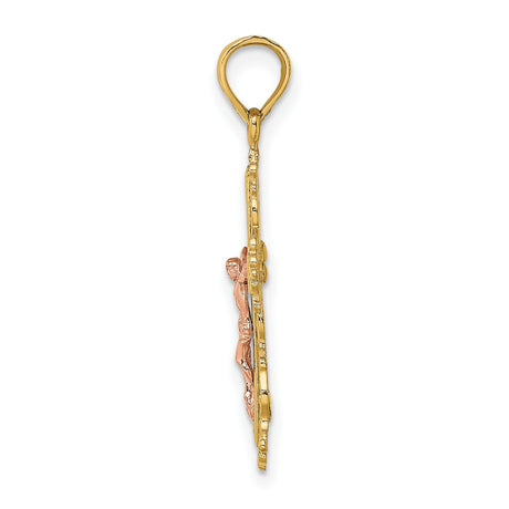 14k Two-Tone Gold Crucifix Pendant with Ornate Beaded Edge for Men and Women
