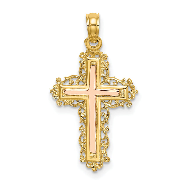 Cross Lace Trim Charm Pendant in Real 14k Multi-Tone Gold