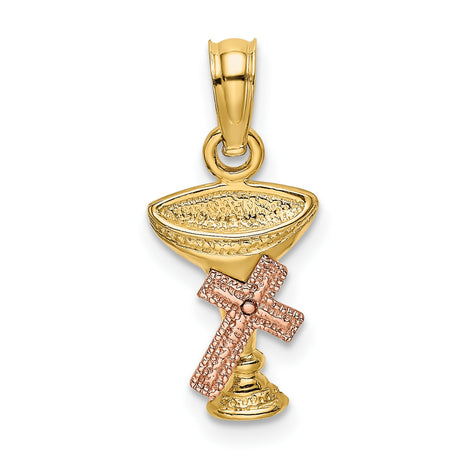 14k Two-Tone Gold Cross Pendant with Chalice Cup Design Religious Charm