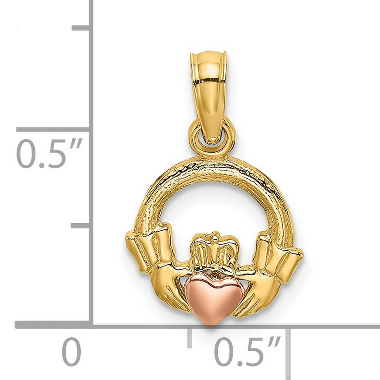 Claddagh Symbol With Rose Gold Heart Charm Pendant in Real 14k Multi-Tone Gold