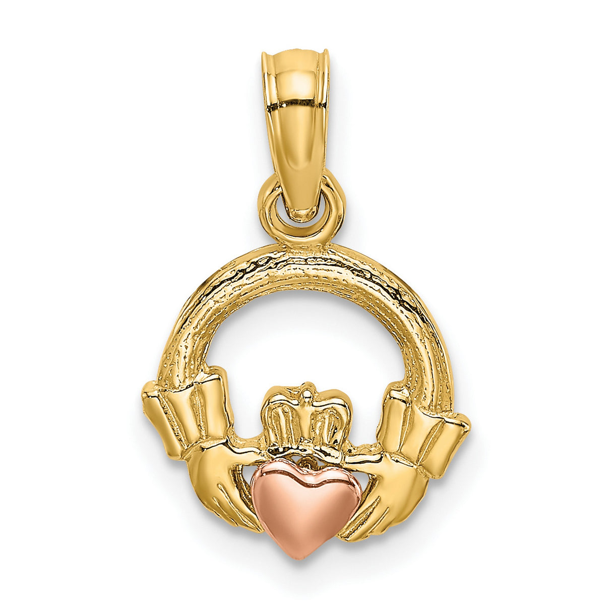 Claddagh Symbol With Rose Gold Heart Charm Pendant in Real 14k Multi-Tone Gold