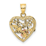 14k Two-Tone Gold Heart Pendant with Script Wife, Rose Flower, Leaf, and #1 Symbol