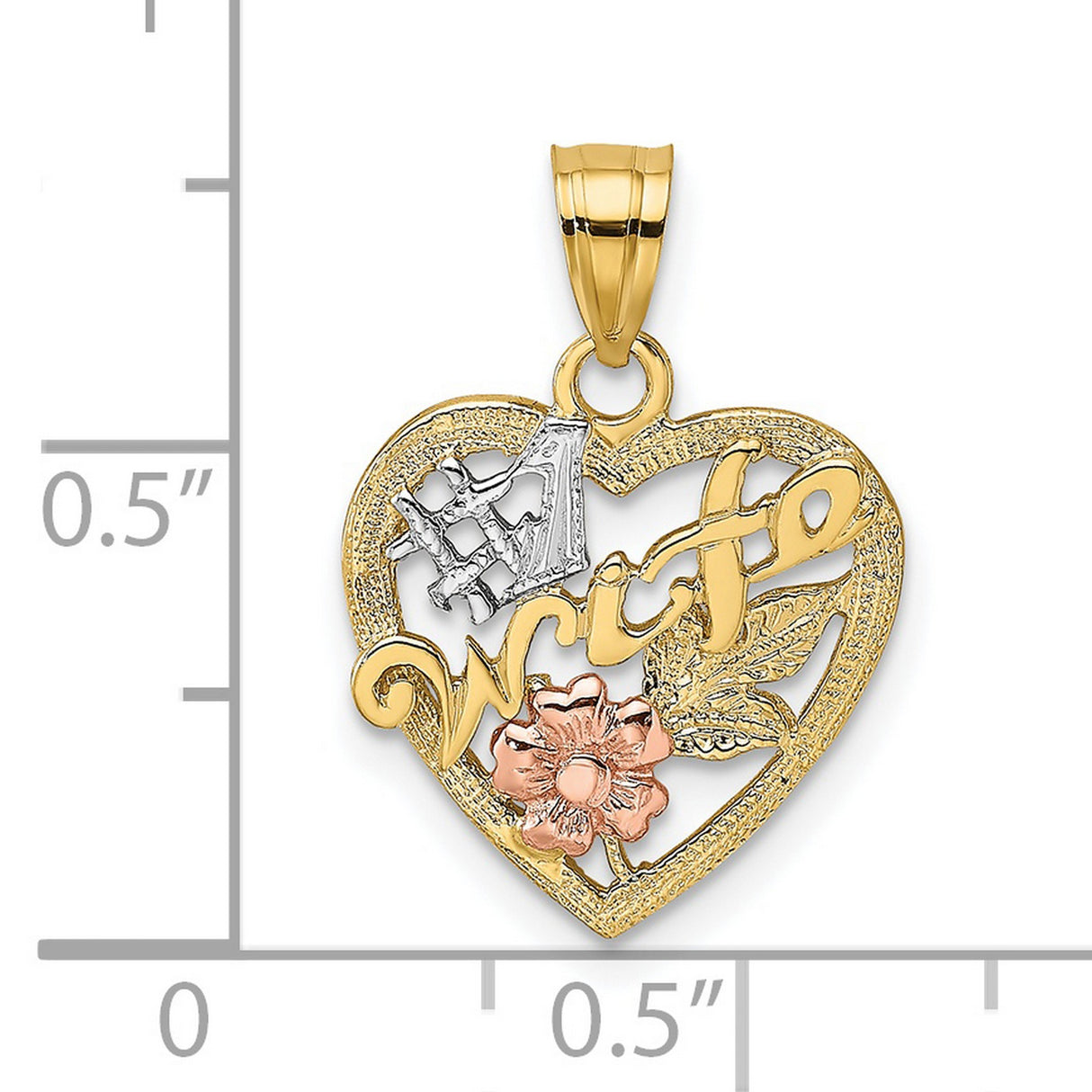 14k Two-Tone Gold Heart Pendant with Script Wife, Rose Flower, Leaf, and #1 Symbol