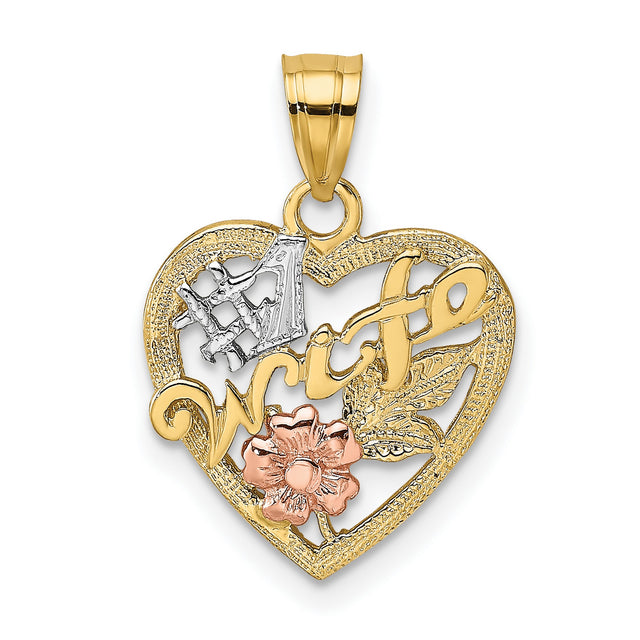 14k Two-Tone Gold Heart Pendant with Script Wife, Rose Flower, Leaf, and #1 Symbol