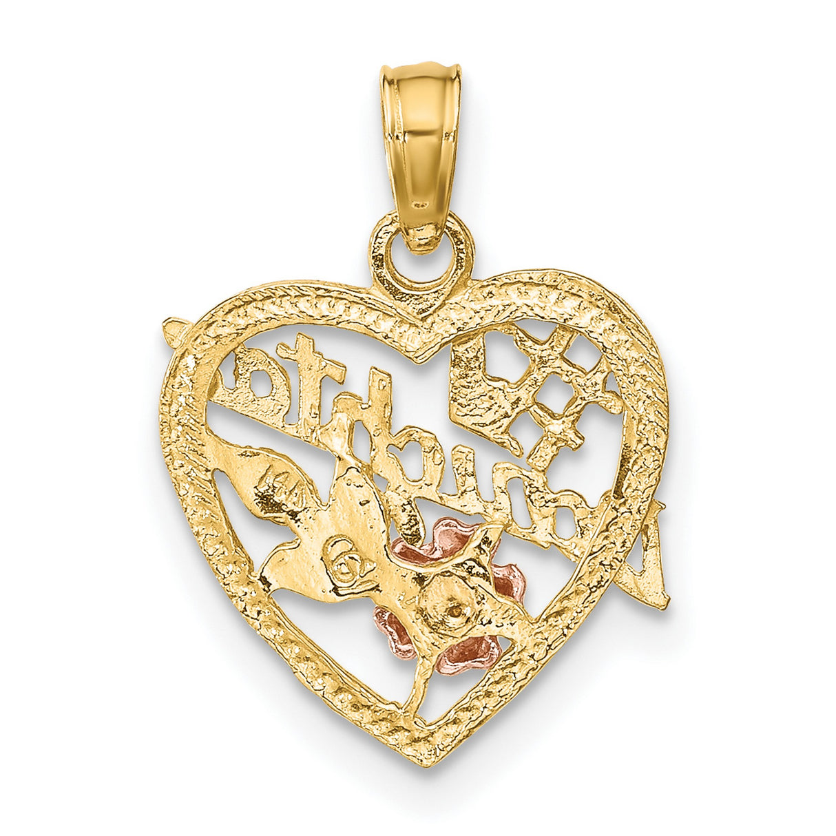 #1 DAUGHTER IN HEART with Flowers Charm Pendant in Real 14k Multi-Tone Gold