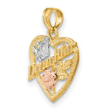 #1 DAUGHTER IN HEART with Flowers Charm Pendant in Real 14k Multi-Tone Gold