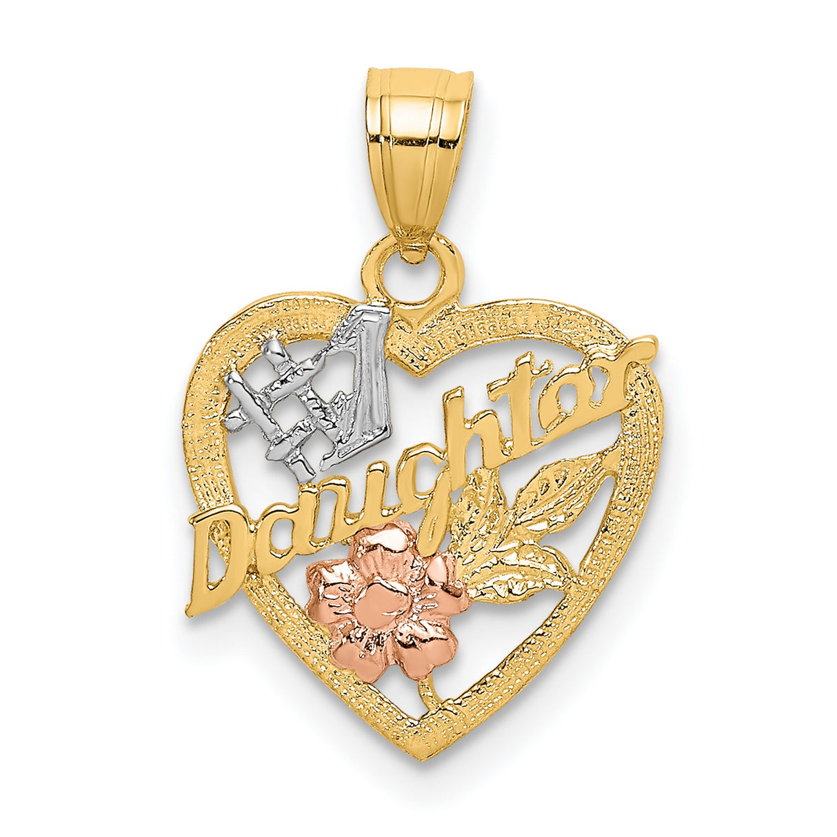 #1 DAUGHTER IN HEART with Flowers Charm Pendant in Real 14k Multi-Tone Gold