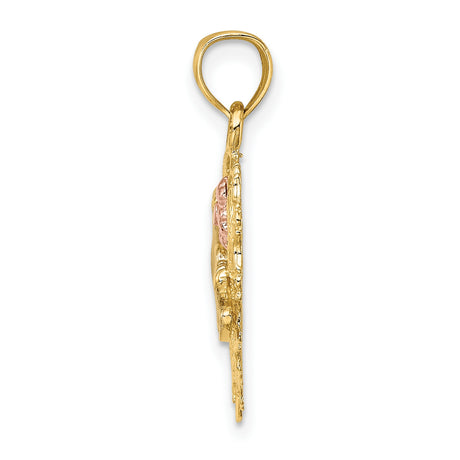 14k Two-Tone Gold Heart Pendant with White Gold Mom Script and Pink Flower Accent
