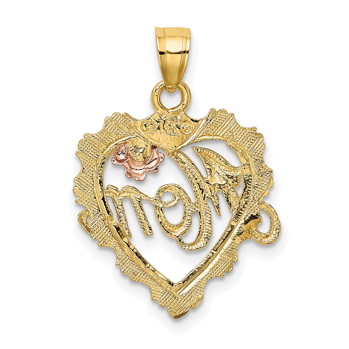 14k Two-Tone Gold Heart Pendant with White Gold Mom Script and Pink Flower Accent