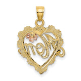 14k Two-Tone Gold Heart Pendant with White Gold Mom Script and Pink Flower Accent