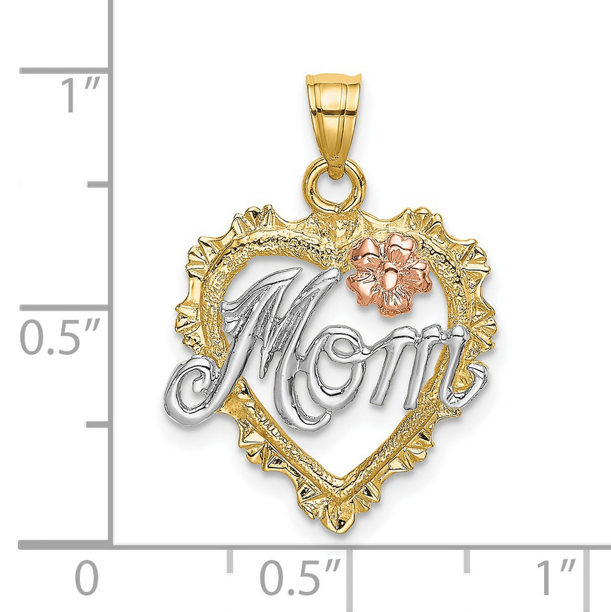 14k Two-Tone Gold Heart Pendant with White Gold Mom Script and Pink Flower Accent