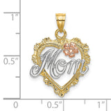 14k Two-Tone Gold Heart Pendant with White Gold Mom Script and Pink Flower Accent
