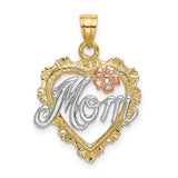 14k Two-Tone Gold Heart Pendant with White Gold Mom Script and Pink Flower Accent