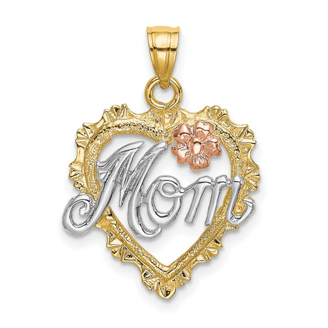 14k Two-Tone Gold Heart Pendant with White Gold Mom Script and Pink Flower Accent