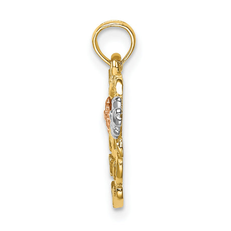14k Two Tone Gold Heart Pendant with Rose and White Gold Floral Accents for Mom