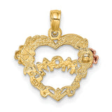 14k Two Tone Gold Heart Pendant with Rose and White Gold Floral Accents for Mom