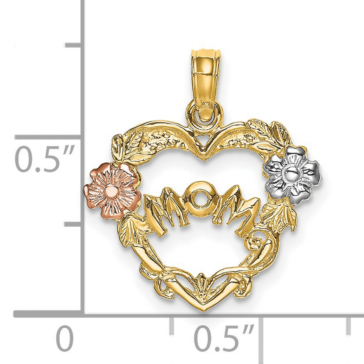 14k Two Tone Gold Heart Pendant with Rose and White Gold Floral Accents for Mom