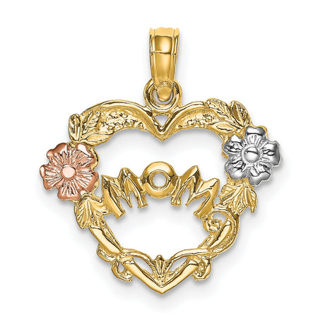 14k Two Tone Gold Heart Pendant with Rose and White Gold Floral Accents for Mom