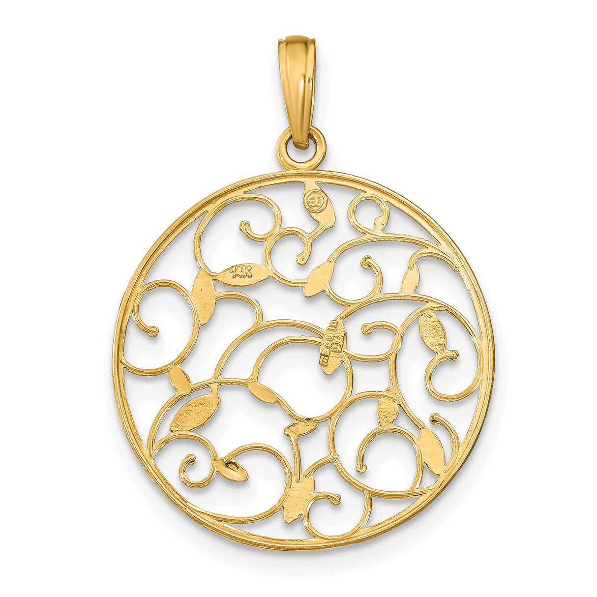14k Yellow and Rhodium Gold Filigree Pendant with Open Vine and Leaf Design