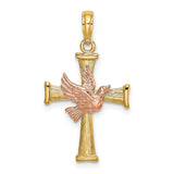 Textured Finish Cross Dove Charm Pendant in Real 14k Multi-Tone Gold