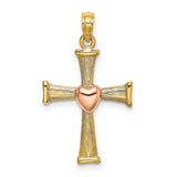 Textured Finish Cross Heart Charm Pendant in Real 14k Multi-Tone Gold