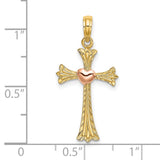 Textured Cross Heart Charm Pendant in Real 14k Multi-Tone Gold