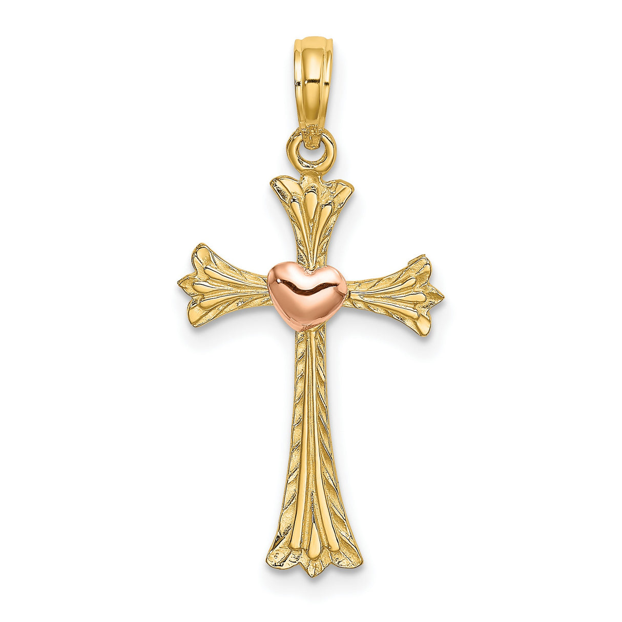 Textured Cross Heart Charm Pendant in Real 14k Multi-Tone Gold