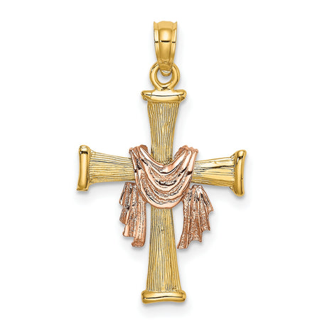 14k Yellow and Rose Gold Cross Pendant with Textured Handcrafted Finish, Religious Symbol
