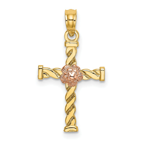 14k Yellow and Rose Gold Cross Pendant with Twisted Rope and Floral Design
