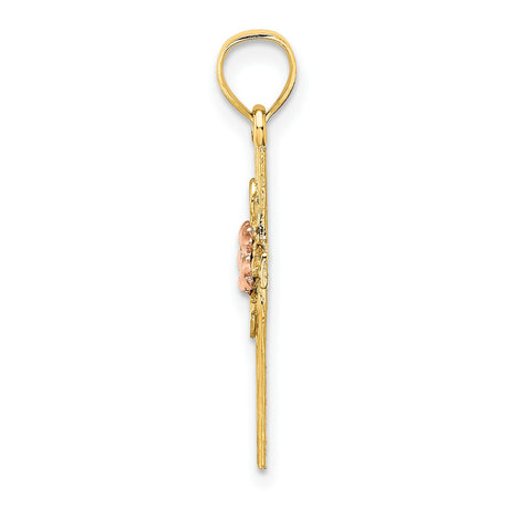 14k Multi-Tone Gold Cross Pendant with Textured Bark Finish, Floral and Leaf Accents