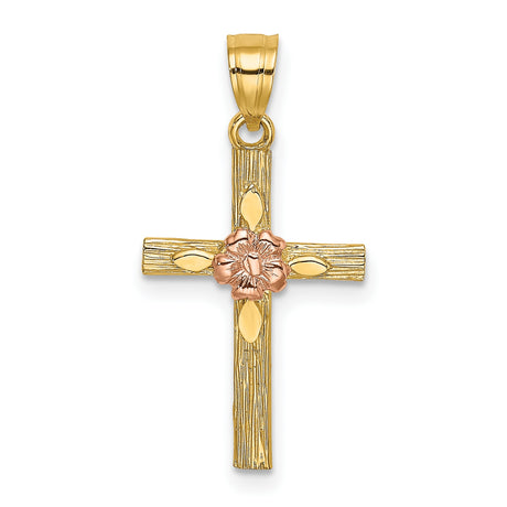 14k Multi-Tone Gold Cross Pendant with Textured Bark Finish, Floral and Leaf Accents
